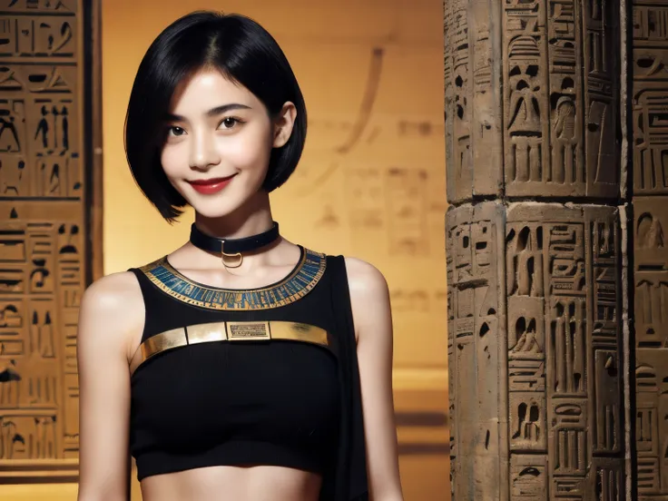 243 20-year-old female, short hair,kind, lipstick, Egyptian civilization, Waist belt, Hieroglyphics, smile