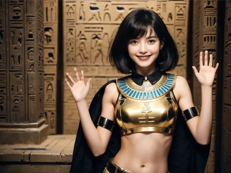 243 20-year-old female, short hair,kind, lipstick, Egyptian civilization, Waist belt, Hieroglyphics, smile