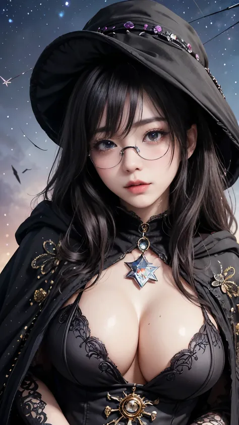 (Fatal Beauty,A charming villain,witch) ,(A supple and powerful physique),(Sensual charm),(Mysterious charm:1.1),(Captivating silhouette),((((Glasses))))、((((big sapphire necklace))))、(highest quality,High resolution:1.2),(dark,Threatening:1.1),((dark horr...