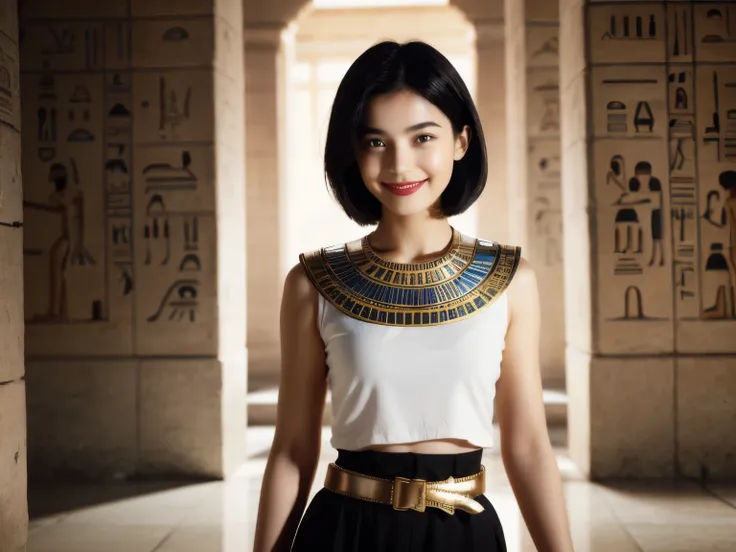 243 20-year-old female, short hair,kind, lipstick, Egyptian civilization, Waist belt, Hieroglyphics, smile