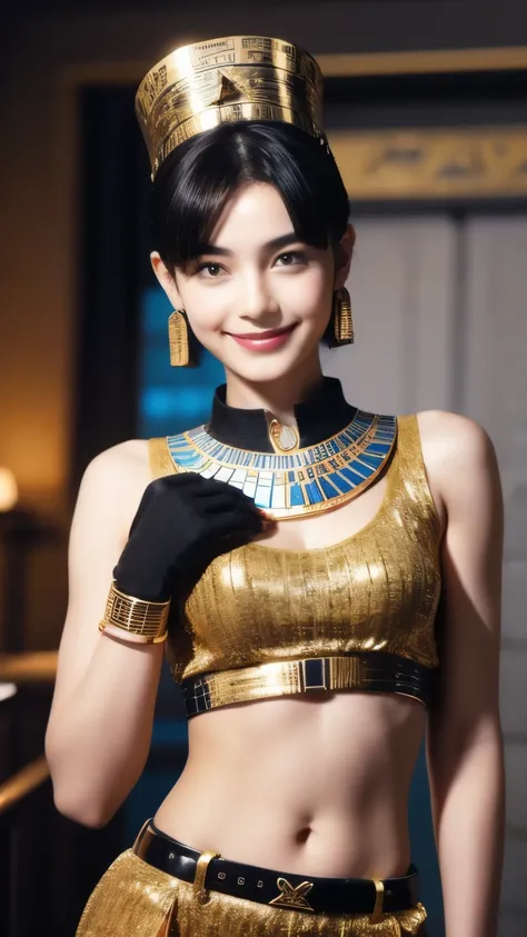 243 20-year-old female, short hair,kind, lipstick, Egyptian civilization, Waist belt, Hieroglyphics, smile