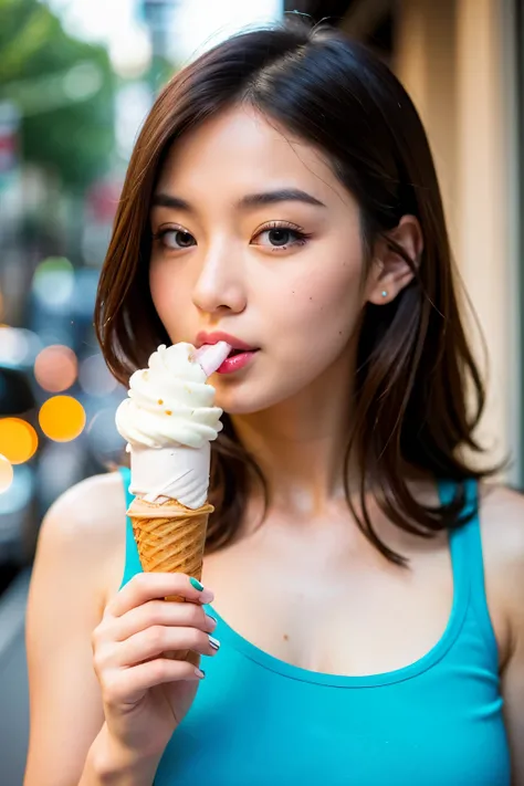 ((highest quality)), ((masterpiece)), (detailed), One girl, sexy,Eating soft serve ice cream