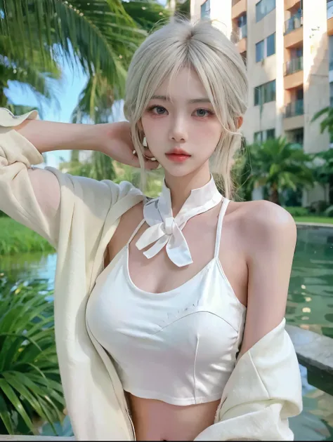 Beautiful woman with perfect body：1.4，layered hairstyle，prominent cleavage，bikini：1.5，ultra short pleated skirt，whole body，Highly detailed facial and skin textures，double eyelids，whiten skin，long white hair