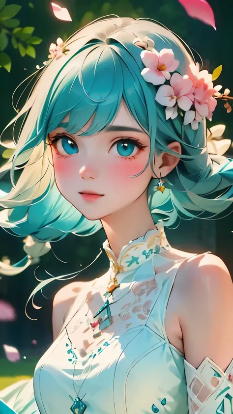 (highest quality, masterpiece, ultra-realistic), beautiful and delicate girl portrait, playful and cute, floating petals in the ...