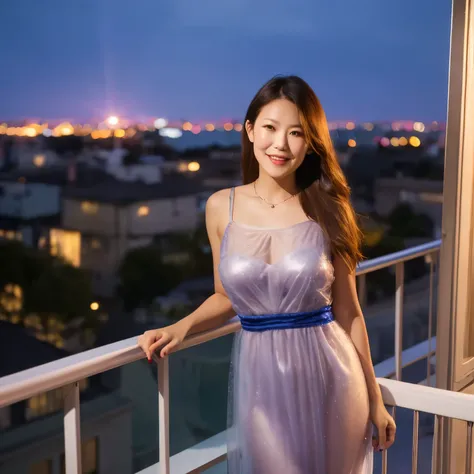 ((highest quality, 8K, Ultra high definition)), ((masterpiece: 1.3)), (Perfect appearance), (Photorealism: 1.6), (JMA), (PG), (1人のJapanese Mature), (60 years old, Japanese Mature), (A Japanese woman standing on a balcony looking at the night view: 1.6), (S...