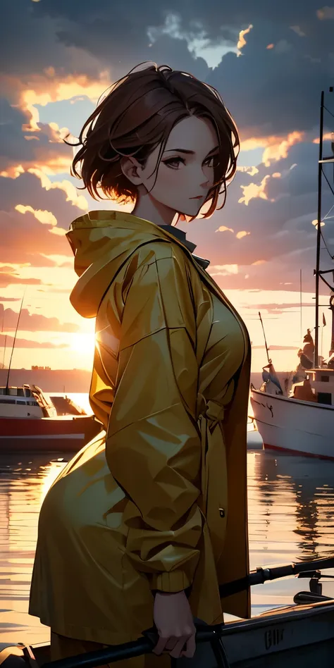 (masterpiece:1.2), best quality, photo of beautiful female fisherman, gingerhair, wearing yellow raincoat,  (on fishing boat:1.3),  dark clouds, Hyperdetailed, analog style, hip cocked, demure, low cut, detailed skin, matte skin, soft lighting, subsurface ...