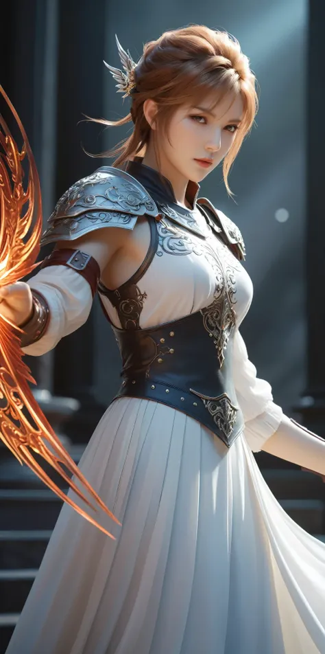 (8k, highest quality, masterpiece, final fantasy style: 1.2), (Realistic, photoRealistic: 1.37), Super detailed, One Girl, Paladin with a sword imbued with light, Wide viewing angles, huge firm bouncing bust, Very delicate depiction, Miniature painting, De...