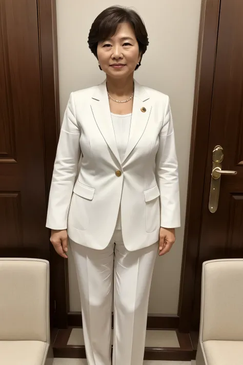 politician、50 year old aunt、Full body front、ID photo、White formal attire、Light from the front