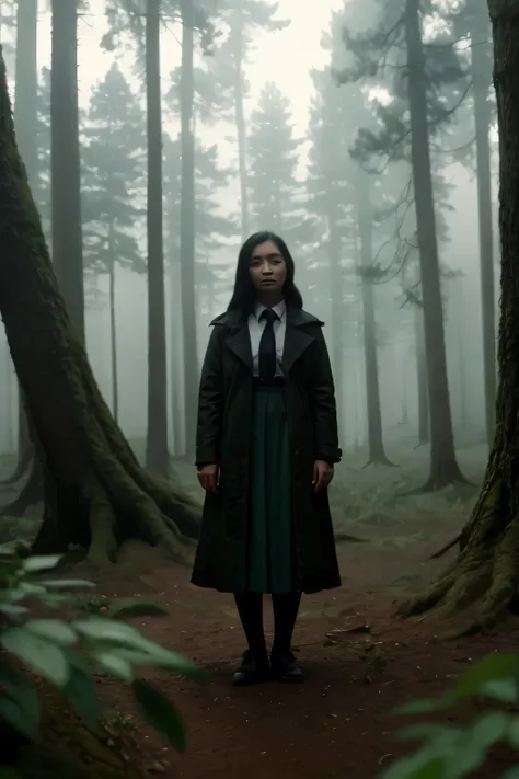 a girl in a school uniform standing in a forests, far shot, dense fog, surrealism, modern, cinematic lighting, blurry, Fujicolor, vignetting, wide shot, Fujifilm, lens flare, (best quality,4k,8k,highres,masterpiece:1.2),ultra-detailed,(realistic,photoreali...