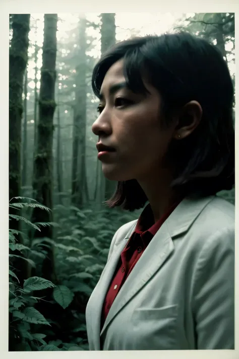 a girl in a school uniform standing in a forests, far shot, dense fog, surrealism, modern, cinematic lighting, blurry, Fujicolor, vignetting, wide shot, Fujifilm, lens flare, (best quality,4k,8k,highres,masterpiece:1.2),ultra-detailed,(realistic,photoreali...