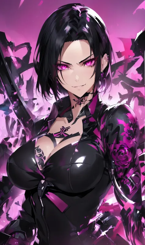 a close up of a woman with a tattoo on her arm, black hair, pink eyes, badass anime 8 k, official art, demon slayer rui fanart, detailed anime character art, evil smirk, portrait of a female anime hero, demon slayer artstyle, badass pose, seductive anime g...