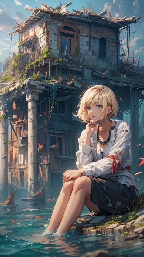 (best quality,4k,highres,ultra-detailed,realistic:1.2) Outside the submerged city,ruins,floating houses,collapsed houses,one 20years old woman,blonde short hair,sitting on the floating house