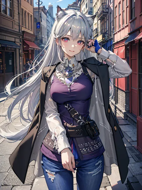 masterpiece,highest quality,8k quality ,Highly detailed face,fine grain,Waterfront,Highlighted eyes, medium breasts ,pretty girl,smile,Cat ear,Beautiful silver hair,Pink inside,Beautiful pink eyes,Oversized shirt、Hydrangea, distressed jeans
