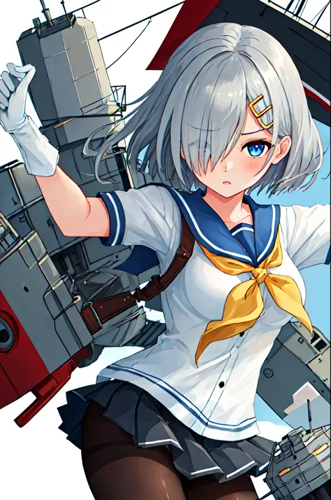 best quality, masterpiece, highres, solo, {hamakaze_kantaicollection:0.90}, 1girl, black_pantyhose, pleated_skirt, serafuku, short_sleeves, simple_background, white_background, yellow_neckerchief, white_gloves, looking_at_viewer, grey_skirt, blush, eyes_vi...