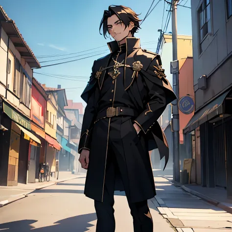 Man, male RPG character with lord clothes, anime, black clothes with yellow details, long dark hair, emperor, 19 year old young man, lots of details, a city in the background, dark eyes with brown details, closed face and perfect shadows, high resolution