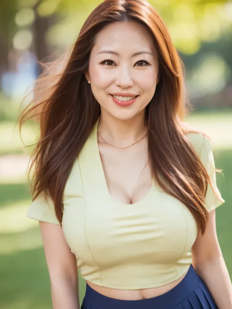 ((highest quality, 8K, Ultra high definition)), ((masterpiece: 1.3)), (Perfect appearance), (Photorealism: 1.6), (PG), (Portrait of a Japanese mature woman), (Blurred Background: 1.8), (Sunny day in the park), (Woman standing in the shade), ((Looking this ...