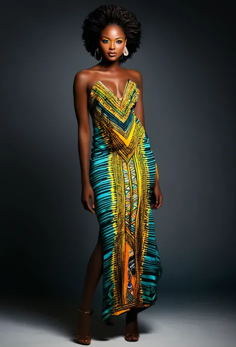 Digital painting of the full-length silhouette of a beautiful, beautiful, sexy, sensual and unique African model with honey-colored eyes. Her dress is a dashiki with bright, cheerful colors like the look of an oil painting. The African model exhibits a ser...