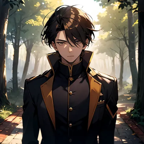 Man, male RPG character with lord clothes, anime, black clothes with yellow details, long dark hair, emperor, 19 year old young man, lots of details, a forrest in the background, dark eyes with brown details, closed face and perfect shadows