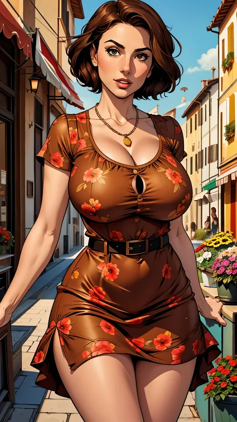 Italian young girl, short chocolate hair, red cutout casual flower dress with a belt and a necklace. Busty, big ass, must be a beautiful woman, sexy. Comic style