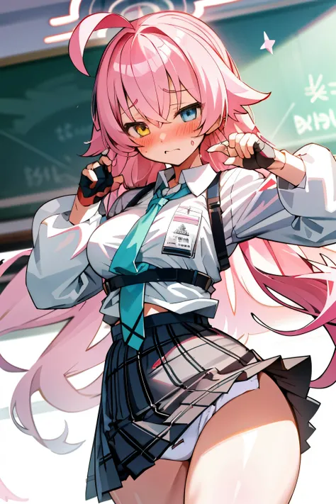 Hoshino (Blue archive), a girl with long uniform hair, pink hair, embarrassed face, blushing, bra visible, classroom, best quality, High quality, big breast, Big ass, big hips, Good thighs