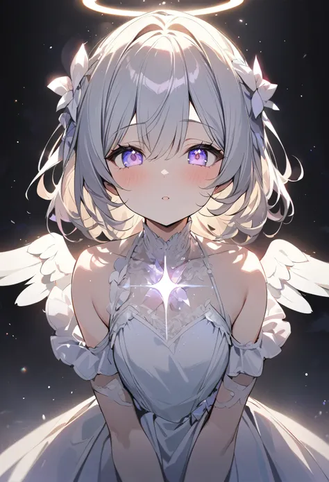 One Girl、Composition seen from a distance、Black Background、god、cute、masterpiece、masterpiece、highest quality、Best image quality、god々々right、dress、Wish、Aura of Light、Angel Wings、Angel Halo、Len、Sparkling、Sparkling、Close ~ eyes
