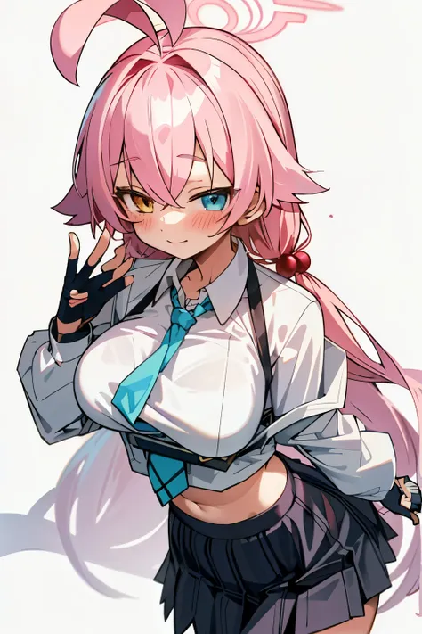 Hoshino (Blue archive), girl with long uniform hair, pink hair, looking to the camera, happy face, blushing, big breast, visible bra, classroom, best quality, high quality, big breast, big ass, big hips