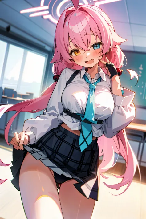 Hoshino (Blue archive), girl with long uniform hair, pink hair, looking to the camera, happy face, blushing, big breast, visible bra, classroom, best quality, high quality, big breast, big ass, big hips