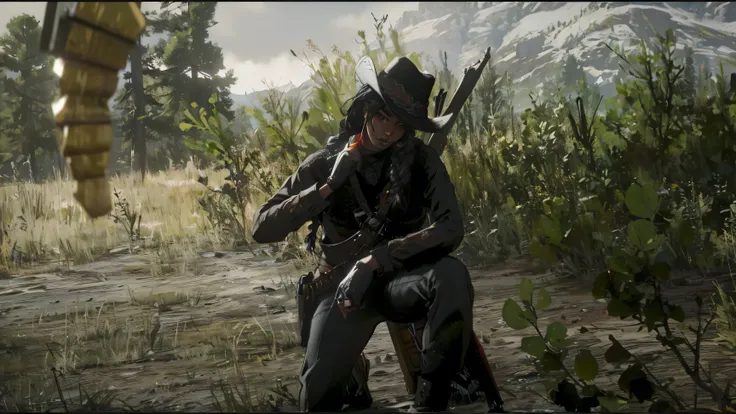 Black and Grey Cowgirl, with a hat haves Black Lipstick, Shes From Red Dead Redemption 2 [RDR2] a Bounty hunter and has a Braided Hair