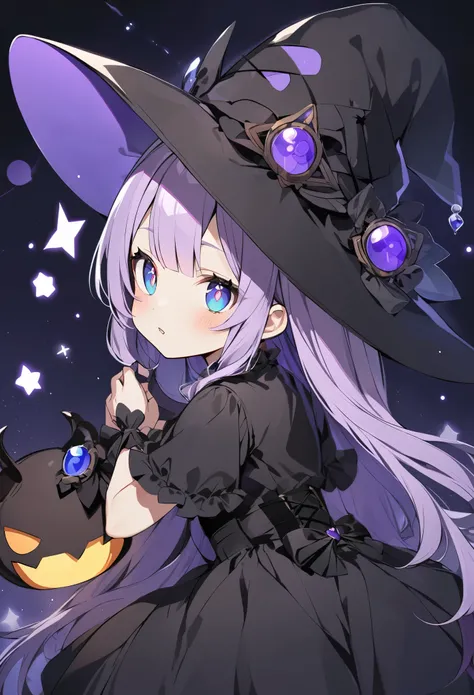 Black and purple hair，Deep blue pupils，Purple and black witch dress，Cute Witch
