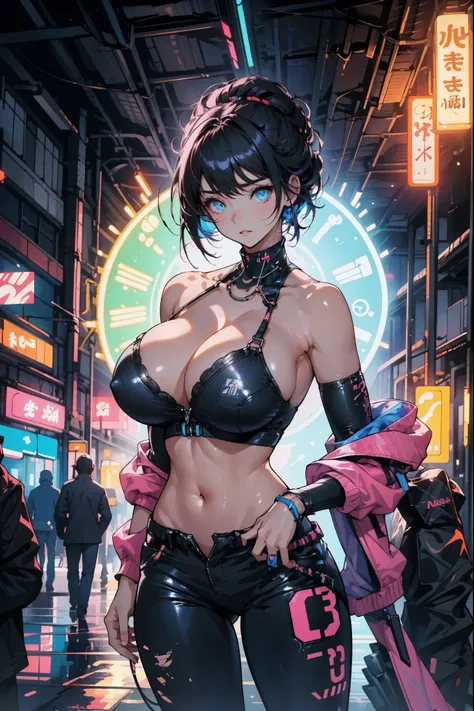 masterpiece, best quality, A girl, Super Detail, Colorful plug sets，Perfect fit to the skin, Plug set with neon cord, Perfect eyes, Perfect face, Kuvshinov, Cowboy shooting, Cyberpunk City, Glowing neon color palette, huge , Crazy breast swelling, Chest la...