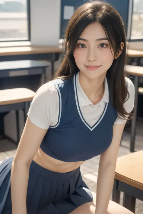 ((japanese beautiful girl:1.3)) ((uniforms:1.4)) ((filming:1.5)) ((middle school)),((dark blue skirt:1.3)) ((in the classroom:1....