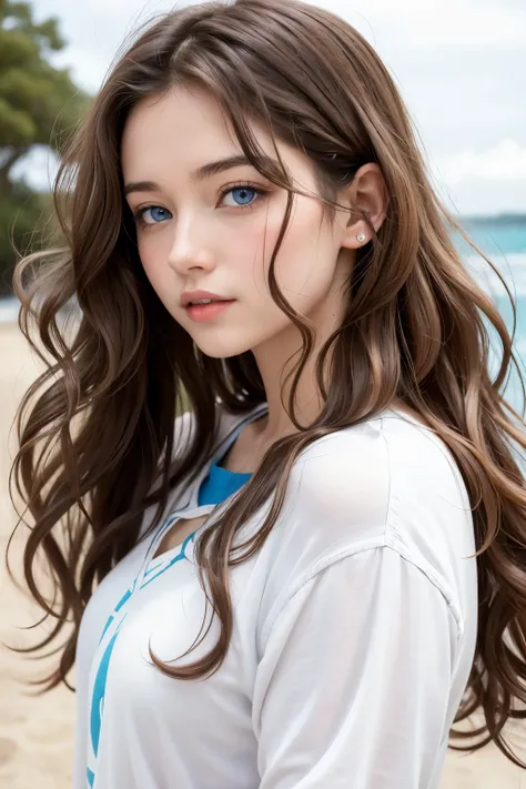 a girl with wavy hair, brown hair with white highlights, blue eyes  