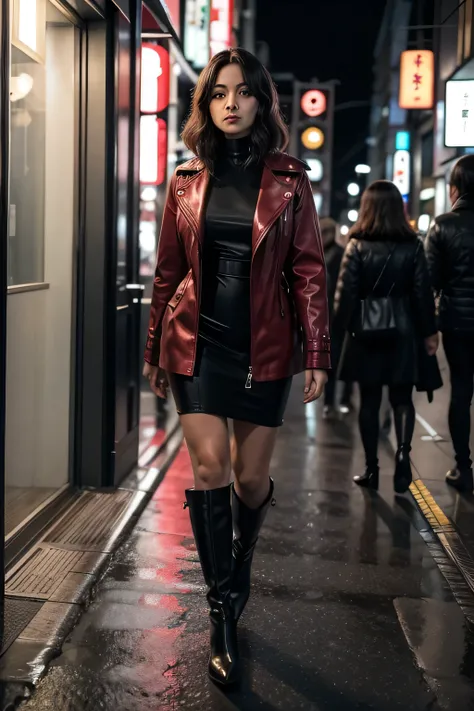 MULHER DE 30 ANOS cabelo loiro bem elegante  com jaqueta preta e vestido vermelho , in black boots walking through the streets of Tokyo at night 