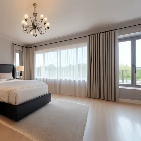 Imagine this is a bedroom interior design rendering，There is a European-style bed on the left side of the middle，The innermost is the floor-to-ceiling window，There are curtains，There is a table to the left of the window，There is a wardrobe on the right.