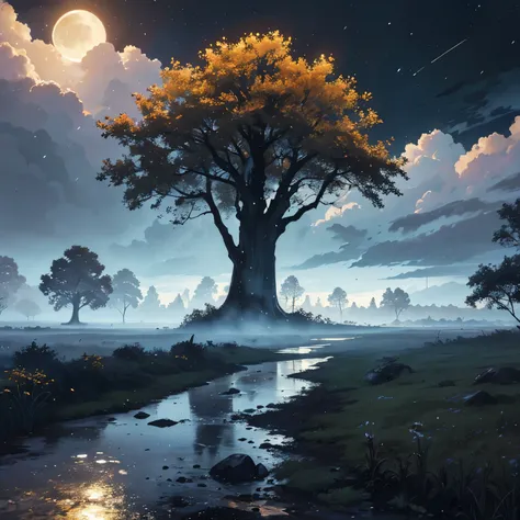 A painting of an autumn landscape., Arboles muertos, nube oscura, lluvia, lluvia storm, charco de barro, campo de hierba muerta, luz nocturna, cielo oscuro, Luna llena. neblinoso, nebulosa, agua reflejando