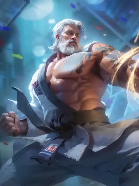 Man, karate, white hair, beard, arena, muscle