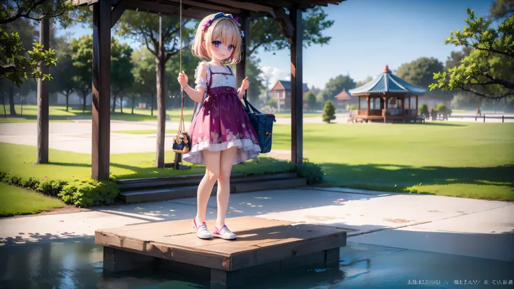 In the middle of a lush park、A little 10-year-old girl is playing innocently and laughing happily。Her bright smile shines as bright as the sun、The pink dress flutters and sways in the wind.。She played tag with her friends.、Jumping high and high on the swin...