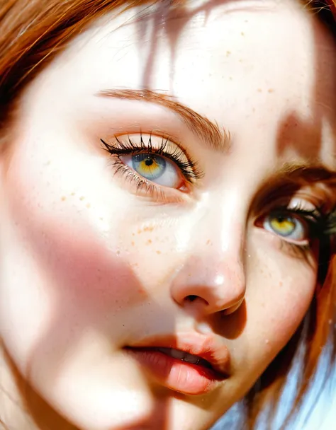 close up photography of very beautiful realistic girl, glaring, (look of disgust, disgusted look), highly detailed eyes, highly detailed eyelashes, ((wrinkling between eyebrows)), porcelain skin, very fair skin, very pale skin, redhead,, detail freckles sk...