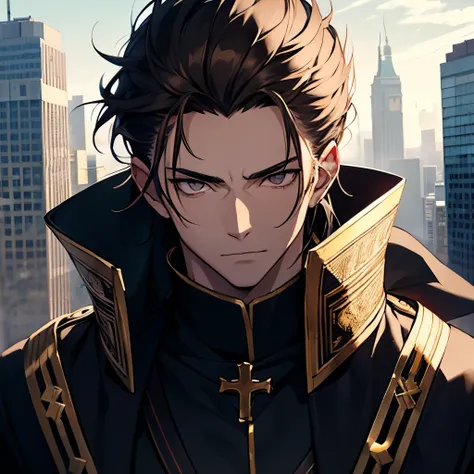 Man, male RPG character with lord outfit, anime, black outfit with yellow details, long dark hair, emperor, 19 year old young man, lots of details, a city in the background, dark eyes with brown details, scar on the forehead, large scar in the shape of a c...