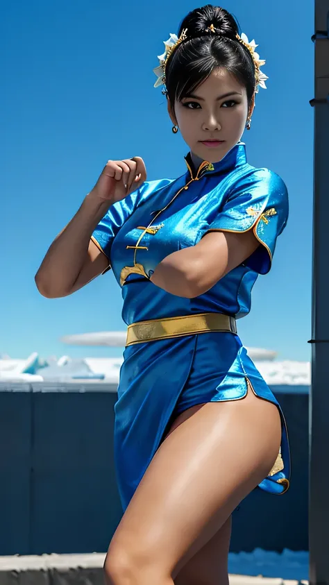 《Street Fight II》Chunli, Perfect Chunli Costume, Blue and gold Chinese dress, Bunhead, Combat Stance, High kick, kick、Please put your feet up, 1 beautiful girl、Beautiful Eyes、Detailed eyes, (reality: 1.4), Light、so beautiful、Beautiful Skin、Detailed skin, (...