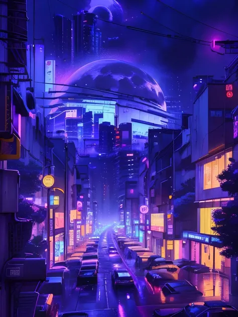 Huge moon，City street scene in the rain at night，Cars and buildings, Anime style cityscape, HD anime city landscape, Cyberpunk Street, New Tokyo Background, Rainy cyberpunk city, Lofi art style, Anime Art Wallpaper 4K, Anime Art Wallpaper 4K, Cyberpunk atm...