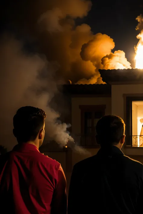 personas adultas viendo humo en otra casa 

