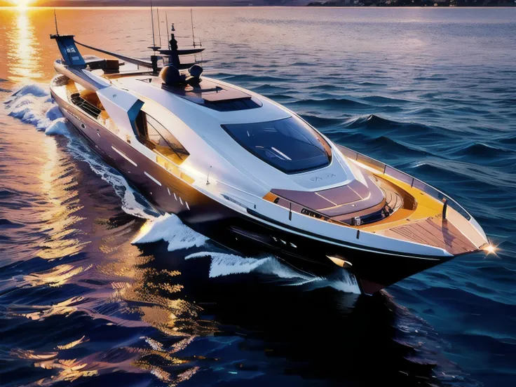 Generate an image of a concept deisgn luxury yacht cruising on the sea, a three-quarter front view to showcase the yachts muscular stance and the sparkling water around it. The sky should be a brilliant blue with a few wispy clouds, enhancing the overall s...