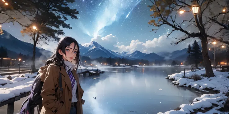 (dark-puprle hair, long hair:1.6), purple eyes, sky, solo, night, night_sky, star_(sky), starry_sky, 1girl, outdoors, coat, fog,...