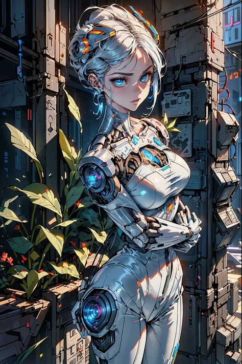 (La best quality,high resolution,Ultra Detailed,Practical),Selena Gomez es un robot con una planta en la cabeza, (Friendly robot girl with flowers and plants :1.4) , Humanoid Woman Portrait, Beautiful white robot girl, Portrait of a robot woman, (Robotic v...