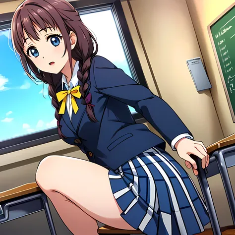 (highest quality, masterpiece:1.2), highest quality, High resolution, 1080p, 8K, Height: 158cm, High-definition anime-style CG, ((A very noble, pretty and neat beautiful girl of the game heroine is sitting on a chair in a school classroom.、Looking back, he...