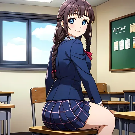 (highest quality, masterpiece:1.2), highest quality, High resolution, 1080p, 8K, Height: 158cm, High-definition anime-style CG, ((A very noble, pretty and neat beautiful girl of the game heroine is sitting on a chair in a school classroom.、Looking back and...