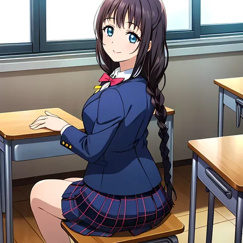 (highest quality, masterpiece:1.2), highest quality, High resolution, 1080p, 8K, Height: 158cm, High-definition anime-style CG, ((A very noble, pretty and neat beautiful girl of the game heroine is sitting on a chair in a school classroom.、Looking back and...