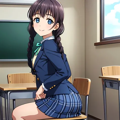 (highest quality, masterpiece:1.2), highest quality, High resolution, 1080p, 8K, Height: 158cm, High-definition anime-style CG, ((A very noble, pretty and neat beautiful girl of the game heroine is sitting on a chair in a school classroom.、Looking back and...