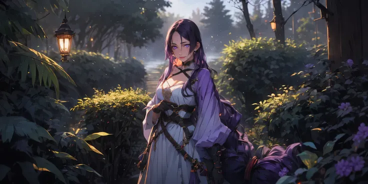 hmmr1, minamoto no raikou (fate), (dark-purple hair, long hair:1.3), purple eyes, fantasy scenery, 1girl, breasts, gloves, white...